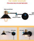 Plug In Wall Sconce With Swing Arm And Dimmer, Black Adjustable E26 Vanity Light For Indoor Bathroom, Bedroom, Hallway Or Living Room, 240 Degree Horizontal And 180 Degree Vertical Flex, Bulb Not Included, showing rotation details.
