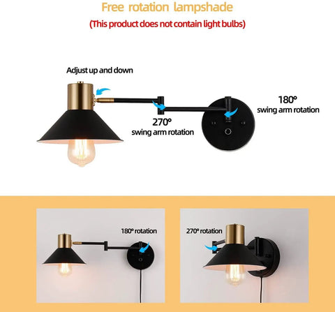 Plug In Wall Sconce With Swing Arm And Dimmer, Black Adjustable E26 Vanity Light For Indoor Bathroom, Bedroom, Hallway Or Living Room, 240 Degree Horizontal And 180 Degree Vertical Flex, Bulb Not Included, showing rotation details.