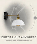 Industrial Dome Wall Sconce, White, 180° Adjustable Vintage Wall Light with copper swing arm on a black circular mount.