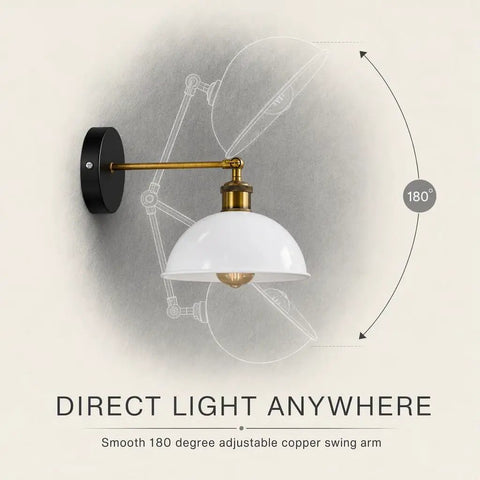 Industrial Dome Wall Sconce, White, 180° Adjustable Vintage Wall Light with copper swing arm on a black circular mount.