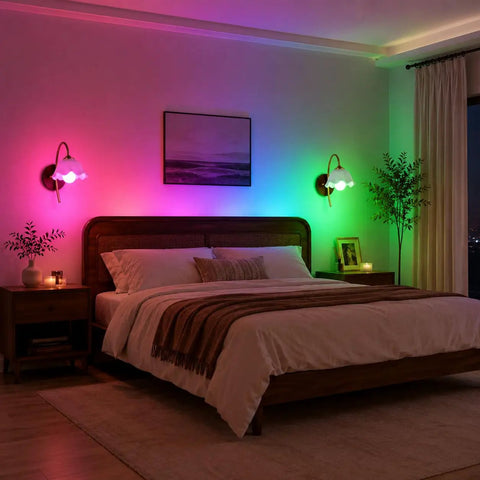 Vintage Wireless Wall Sconces Set of Two Dimmable Rechargeable Wall Sconce illuminating a cozy bedroom with colorful lighting.
