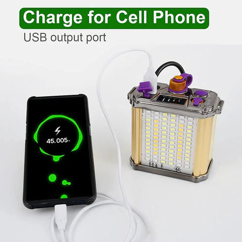 Beast Mode Bright 90000 Lumen Hunting Headlamp battery box charging a smartphone via USB port, suitable for outdoor adventures.