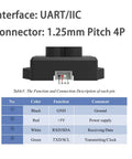 TFmini-S Lidar Range Finder Sensor Module showing 1.25mm Pitch 4P connector and pin functions for Arduino, Raspberry Pi, Pixhawk.