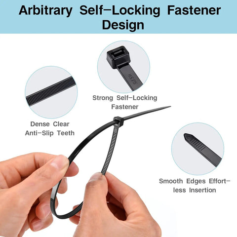 Close-up of Heavy Duty Zip Ties Kit 800 Pack Assorted Sizes 4, 6, 8, 10, 12 Inch Nylon Cable Ties, self-locking feature shown