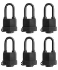 Outdoor Waterproof Padlocks Keyed Alike Pack Of 6, Heavy Duty Laminated Steel Locks With Weather Resistant Plastic Cover, shown in black.