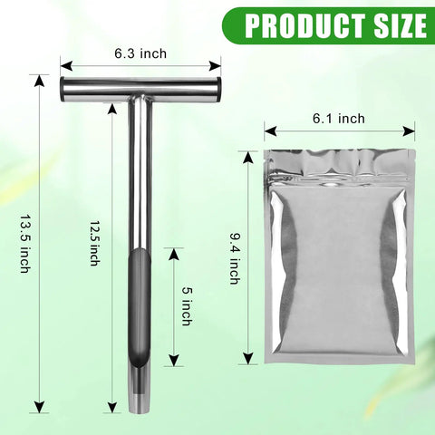 12 Inch Stainless Steel Soil Probe With T-Handle, Durable Garden And Lawn Soil Sampler Kit With Two Bags, Size Dimensions