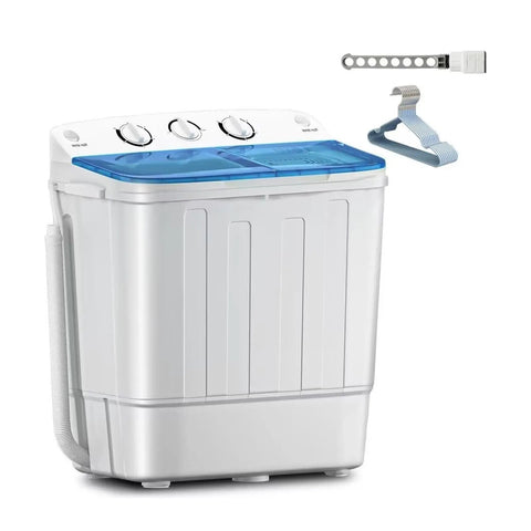 Easy Peasy Portable Twin Tub Washing Machine With Quick Timer Controls, compact 18 lb unit with blue lid and controls.