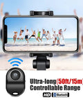 Upgraded Bluetooth 5.0 Remote Shutter For iPhone And Android Cameras next to smartphone showing group jumping on beach
