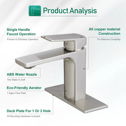 Brushed Nickel Single Handle Bathroom Faucet For One Or Three Hole Sinks With 6 Inch Deck Plate, Easy Install RV Ready, 1.2 GPM