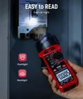 Hand using Pro Grade True RMS Clamp Meter Multimeter With D Shaped Jaw For AC DC current and voltage 4000 counts with flashlight