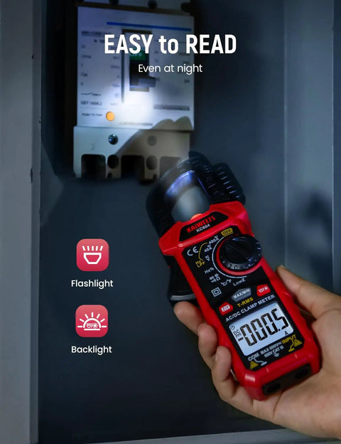 Hand using Pro Grade True RMS Clamp Meter Multimeter With D Shaped Jaw For AC DC current and voltage 4000 counts with flashlight