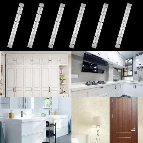 Six Pack 12 Inch Piano Hinge Heavy Duty Continuous Hinge With Pre Drilled Mounting Holes For Cabinets Boat And Marine Doors Top Shelf 304 Stainless Steel displayed with cabinets and doors
