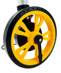 Close-up view of the roll out digital measuring wheel's yellow gear wheel, showcasing heavy-duty design for accurate distance tracking.