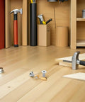 Workshop with tools and All In One M6 Brass T Nut Kit For Hydrofoil Boards with Screws on wooden floor, focus on fasteners