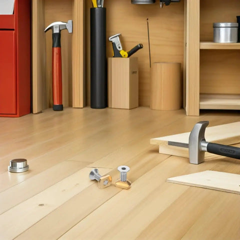 Workshop with tools and All In One M6 Brass T Nut Kit For Hydrofoil Boards with Screws on wooden floor, focus on fasteners