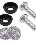 Fresh Bling Car License Plate Screws And Caps Kit Featuring Slick Anti Theft Bolts For Every Ride Premium White Rhinestone Hardware components including black caps and silver bolts.