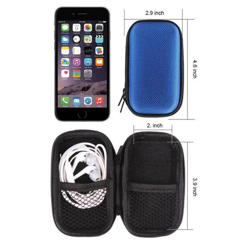 Portable Clamshell Electronic Organizer Case For Earbuds Headphones And Chargers with blue EVA exterior and black interior.