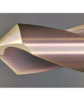 Front view of chamfer end mill tip with gold coating; 90° 2-flute drill/chamfer tool for alloy steel