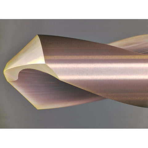 Front view of chamfer end mill tip with gold coating; 90° 2-flute drill/chamfer tool for alloy steel
