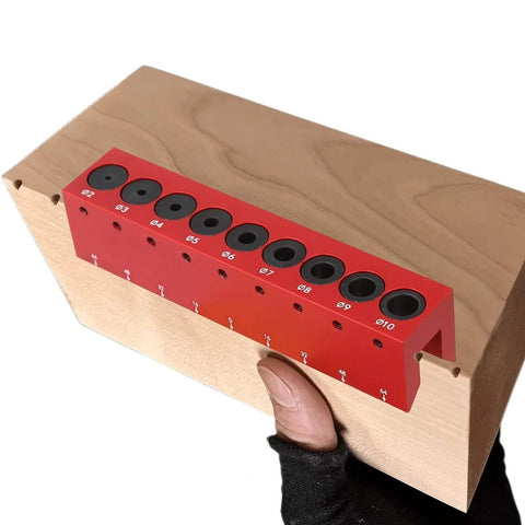 Pro Grade Drill Guide And Doweling Jig For Straight Holes With Perpendicular Entry Self Centering Drill Block shown in use