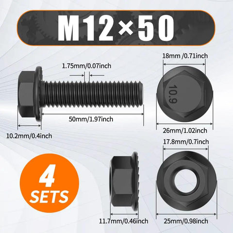 M12x50mm Flange Hex Bolts And Serrated Flange Nuts 4 Pack Grade 10.9 Metric Hardware showing dimensions and details.
