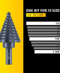 10 Size Step Drill Bit Set For Metal Sheets From One Quarter Inch To One And Three Eighths Inch HSS Titanium Coated Cone Bit