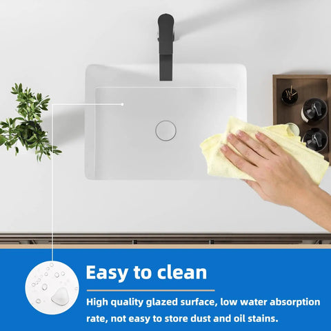18.3 Inch Rectangular Undermount Bathroom Sink White Ceramic Porcelain With Overflow, top view showing easy clean feature.