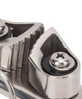 Close-up of Cam Cleat With Wire Leading Ring, 316 Stainless Marine Grade Mirror Polished Boat Rope Cleat For 10mm Line.