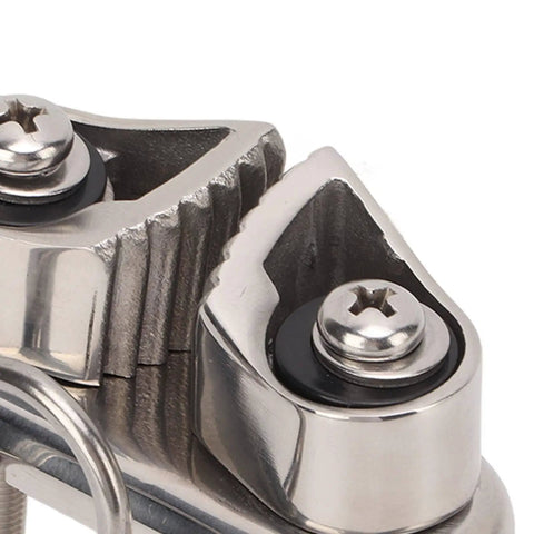 Close-up of Cam Cleat With Wire Leading Ring, 316 Stainless Marine Grade Mirror Polished Boat Rope Cleat For 10mm Line.