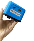Portable Surface Roughness Tester With Narrow Curved Probe And Metal Platform For Groove Profiling, handheld blue unit showing USB port.