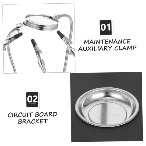 LED Magnifying Lamp With Soldering Third Hand Tool and magnetic helping hands close-up, showing clamp and circuit board bracket.