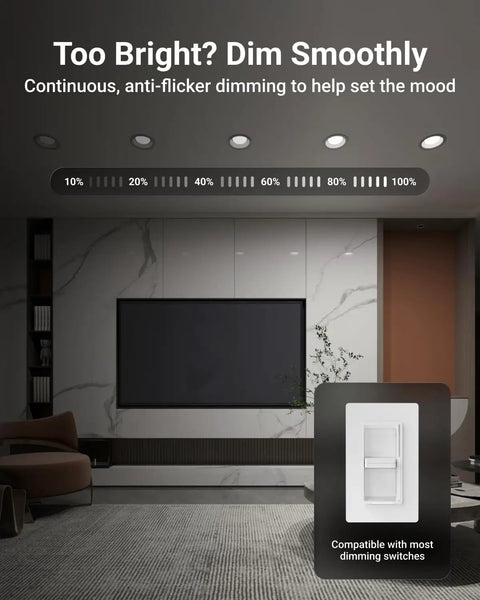 Living room scene featuring Six Pack 6 Inch Retrofit Led Recessed Lights With Baffle Trim And Quick 5Cct Dial For Warm To Daylight Tones Dimmable ceiling downlights.