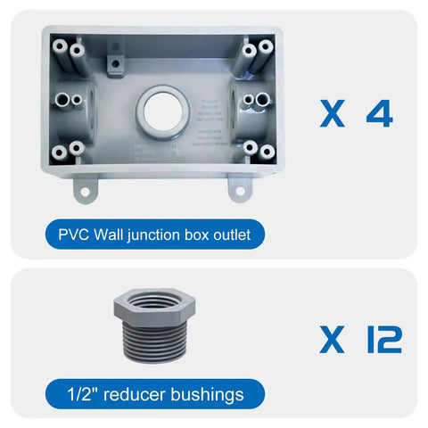 Outdoor Weatherproof Single Gang Electrical Outlet Box For 1/2 In Or 3/4 In Conduit, UL Listed Plastic Junction Box Outlet, Rugged Gray PVC, Easy Mounting Hardware Included, 4 Pack shown with reducer bushings