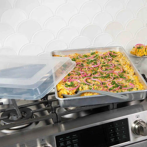 Extra Large High Sided Baking Pan With Lid For Big Batches Uncoated Aluminum Sheet Pan Reinforced Steel Rim Prevents Warping Oven Safe