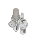 Piggyback Compressed Air Filter Regulator Lubricator Combo 3/8 NPT shown with gauge and manual drain