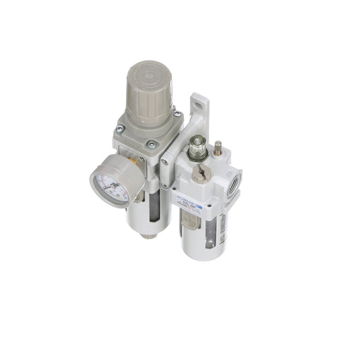 Piggyback Compressed Air Filter Regulator Lubricator Combo 3/8 NPT shown with gauge and manual drain