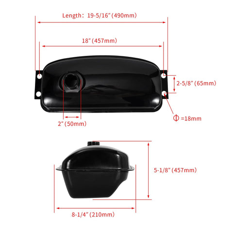 Diagram of gas tank with cap petcock vent for 150cc and 250cc go karts, dimensions labeled, front and side view.