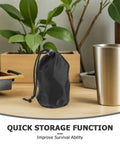 Black drawstring pouch from Two Pack Waterproof Rain Gear Storage Bags With Drawstring Pouches For Quick Access Rain Poncho Organizer For Cycling Hiking Camping And Travel on a table with plants and drinkware.