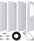 Portable Window Kit For Air Conditioner With 5 Inch Exhaust Hose Adjustable Coupler And Seal Sliding Vent Rail Includes Sealing Tape And Mounting Screws For Easy No Fuss Installation, showing plates, coupler, tape, screws.