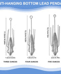 Five Piece Lead Long Tail Spider Sinker Set For Saltwater Surf Fishing Includes 4oz Weights For Beach And Catfish Aerodynamic Casting Long Tail Design For Maximum Distance Strong Hold On Sand And Rocks showcasing different sizes and measurements.