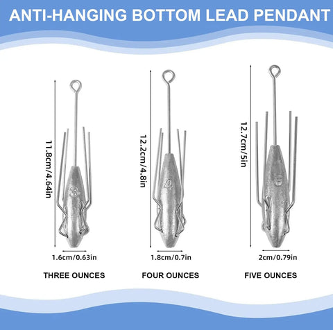 Five Piece Lead Long Tail Spider Sinker Set For Saltwater Surf Fishing Includes 4oz Weights For Beach And Catfish Aerodynamic Casting Long Tail Design For Maximum Distance Strong Hold On Sand And Rocks showcasing different sizes and measurements.
