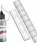 Image of Two Size Pinewood Derby Weights Kit With Twelve Piece Weight Set Including Four Half Ounce And Eight Quarter Ounce Weights And Half Ounce Graphite Lubricant Powder For Derby Wheels And Axles To Boost Car Speed, showing weights and lubricant bottle.