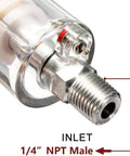 Close-up of Water Oil Separator Filter For Spray Guns And Air Compressor Tools, One Quarter NPT Inlet And Outlet, Air Quick Connect