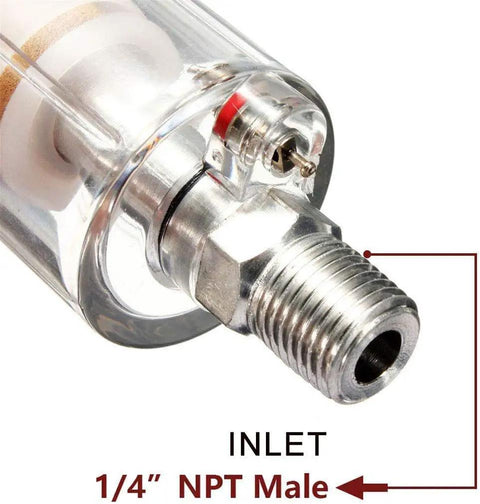 Close-up of Water Oil Separator Filter For Spray Guns And Air Compressor Tools, One Quarter NPT Inlet And Outlet, Air Quick Connect
