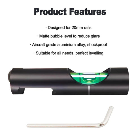 High Precision Bubble Scope Leveling Kit For 20mm Rails With Clear Vial, 6061 aluminum, matte black, shown with Allen wrench