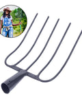 Handheld Manure Fork for Lawn Care and Farm Work Heavy Duty Iron Grass Fork with Five Point Design next to smiling user