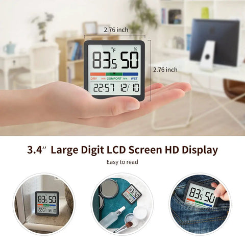 Indoor Humidity Gauge With Digital Thermometer Fast Read Hygrometer And Temperature Humidity Monitor in a hand showing dimensions