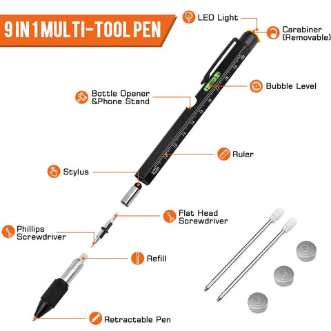 Diagram showing features of 9 In 1 Multitool Pen Gift For Dad From Daughter Son Wife Stocking Stuffers For Easter Birthday Christmas Husband