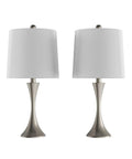 Set Of 2 Mid Century Modern Table Lamps With Metal Flared Trumpet Bases, Energy Efficient Led Bulbs Included, Silver Finish, Drum Ivory Lampshades