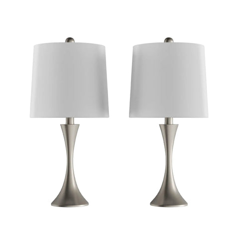 Set Of 2 Mid Century Modern Table Lamps With Metal Flared Trumpet Bases, Energy Efficient Led Bulbs Included, Silver Finish, Drum Ivory Lampshades